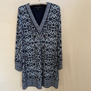 White House Black Market Sz XLP Blue Floral Print V Neck Long Slv Shift Dress
